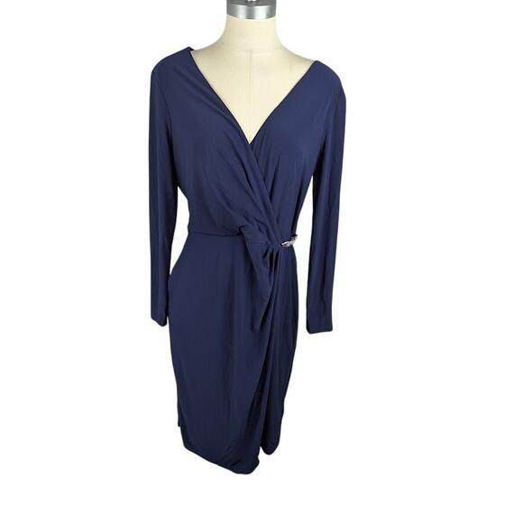 LAUREN Ralph Lauren Matte Jersey Surplice Dress Wrap Navy Size 12 Midi - Picture 1 of 4